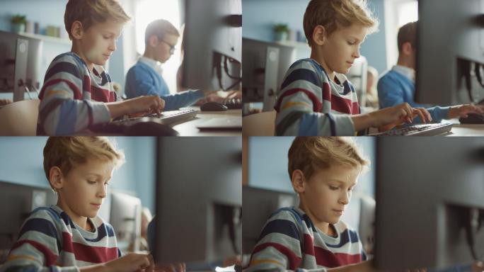 教室里的男孩在电脑学习如何安全使用互联网