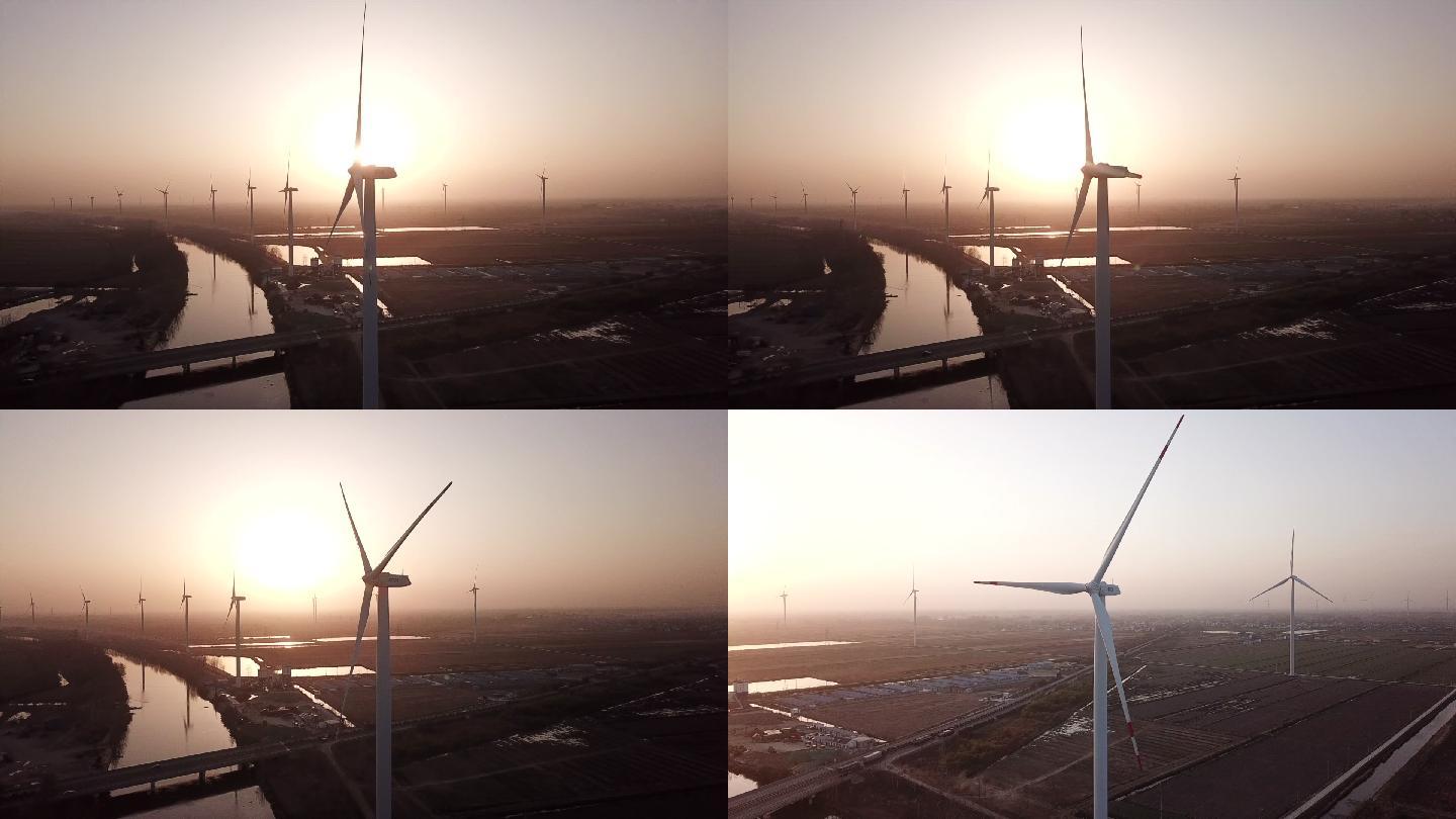 陆地风力发电风车电力夕阳落日航拍A024