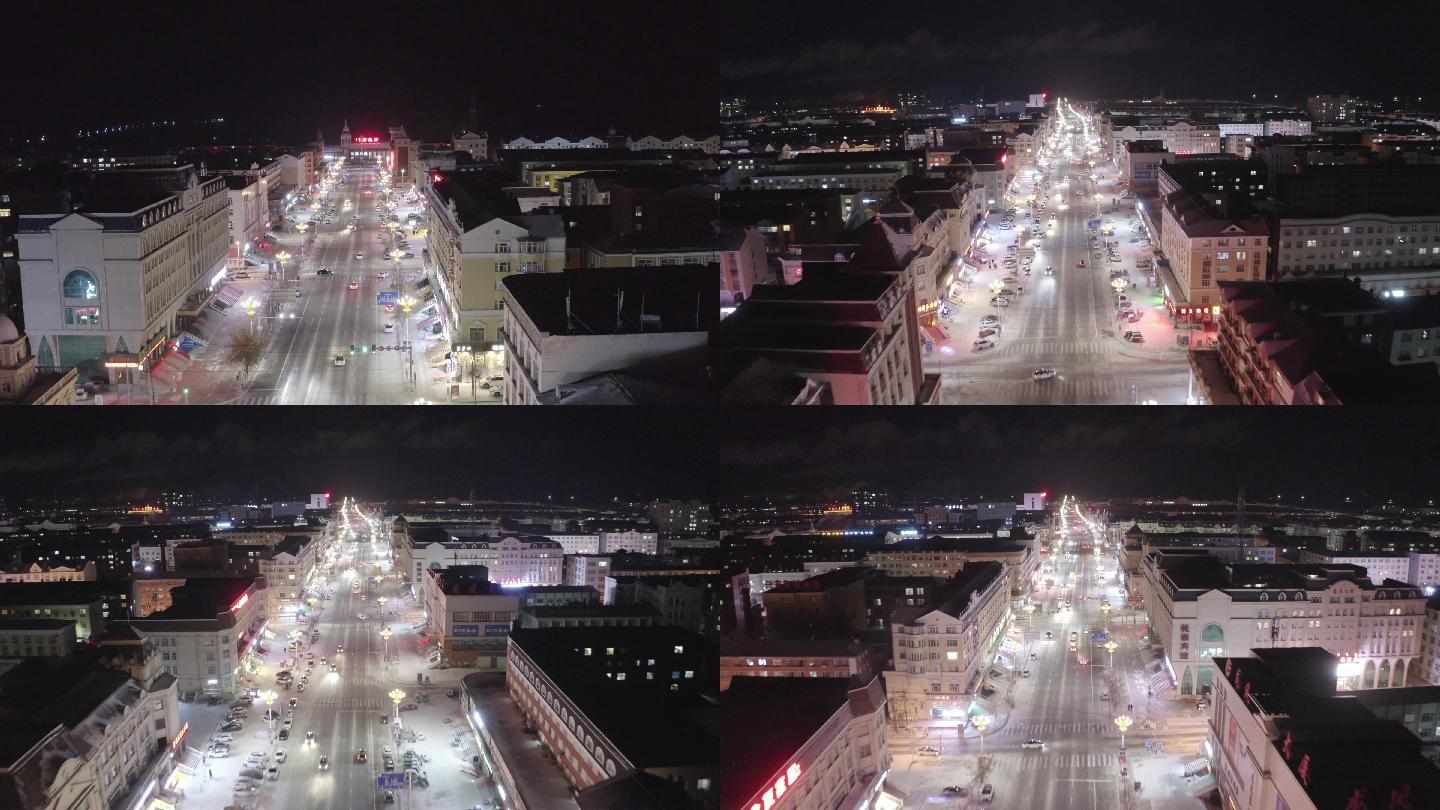 内蒙古牙克石市区夜景航拍素材