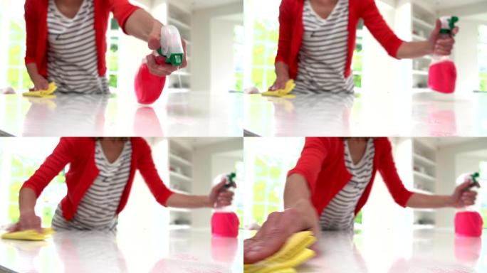 女人用清洁剂和布清洁厨房表面