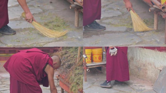 僧人扫地松针