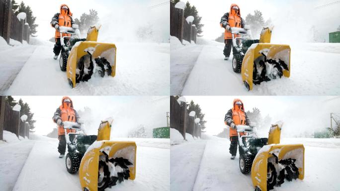 人用扫雪机扫雪。东北雪灾冬天大雪雪天除雪