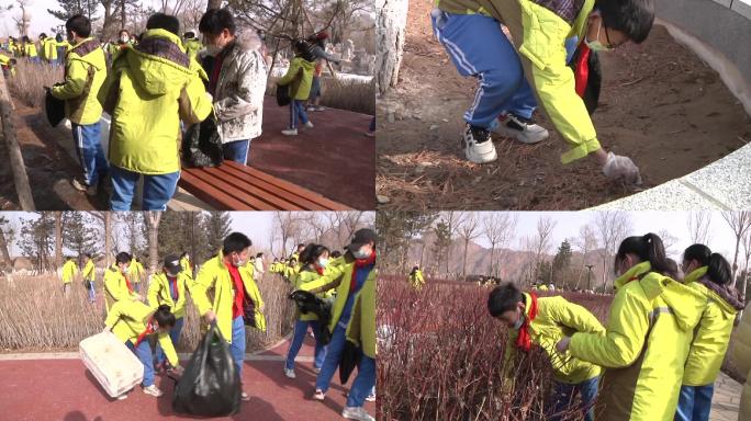 小学生户外劳动实践课公园捡垃圾