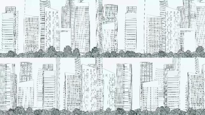 卡通线条手绘线稿城市