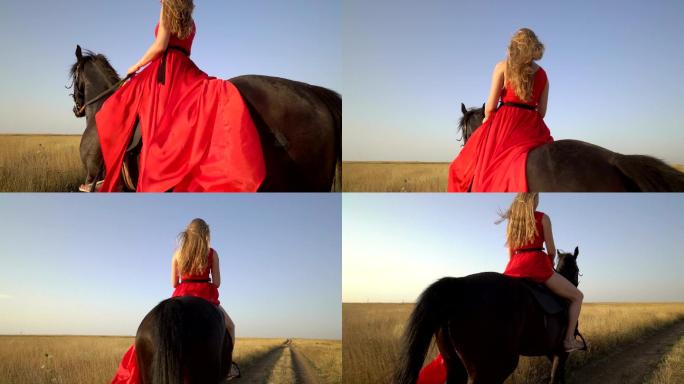 骑着红色长裙的骑马女孩在乡村公路上骑马