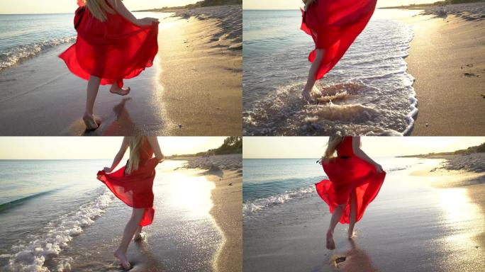年轻的赤脚女孩穿着红色长裙跳舞