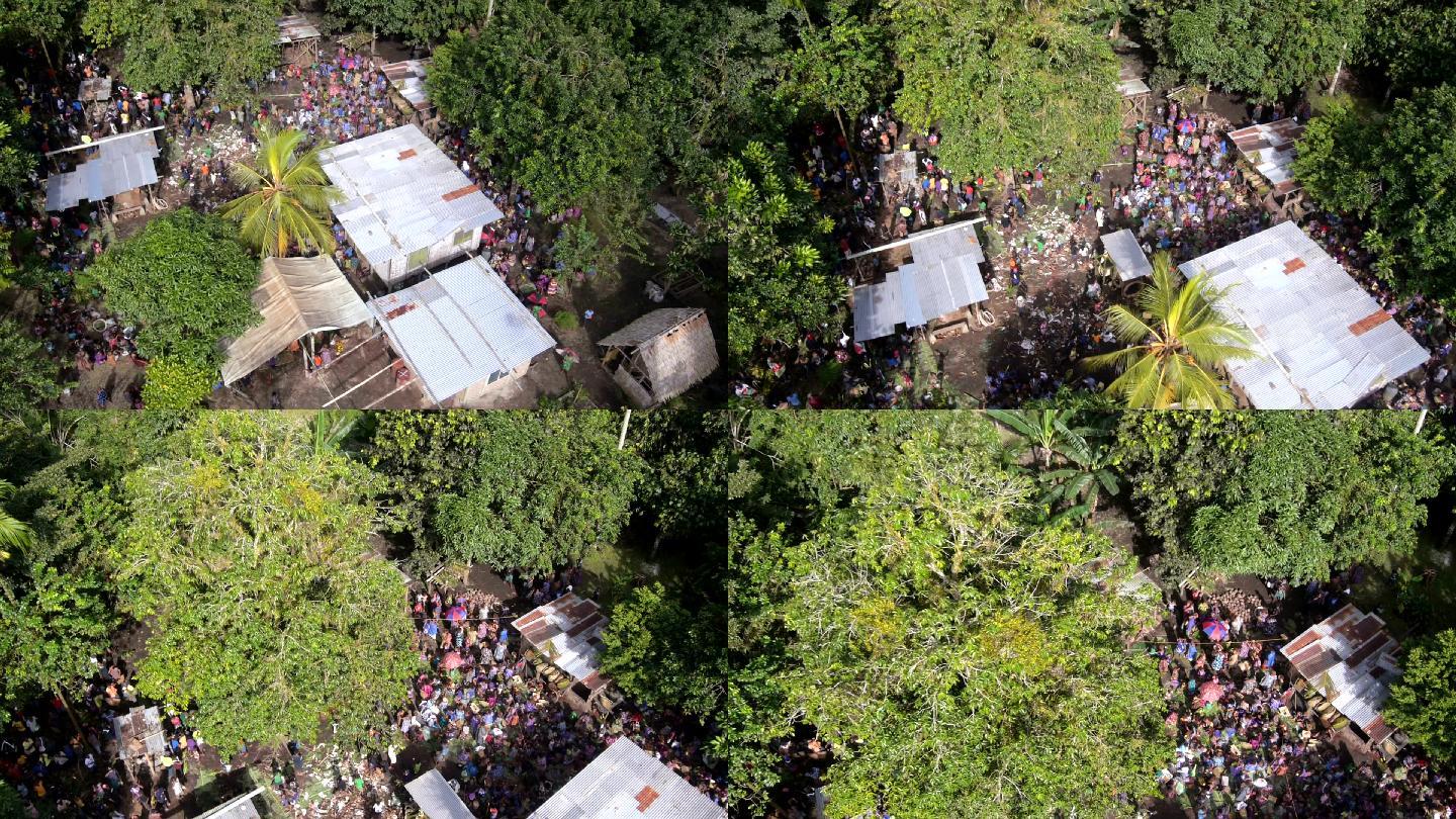 巴布亚新几内亚村庄聚集人群鸟瞰图