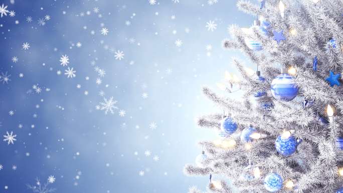装饰过的圣诞树和飘落的雪花