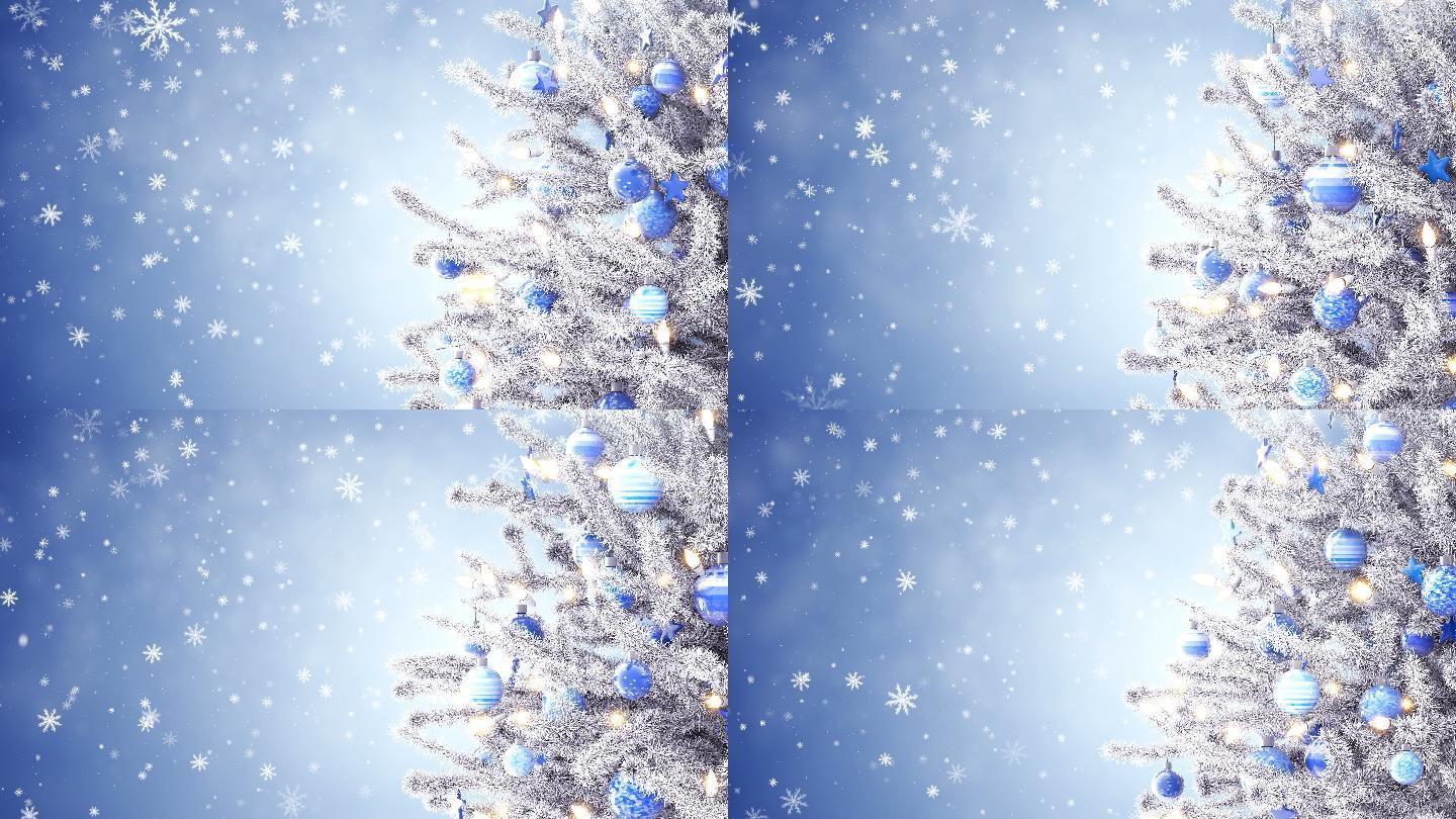 装饰过的圣诞树和飘落的雪花