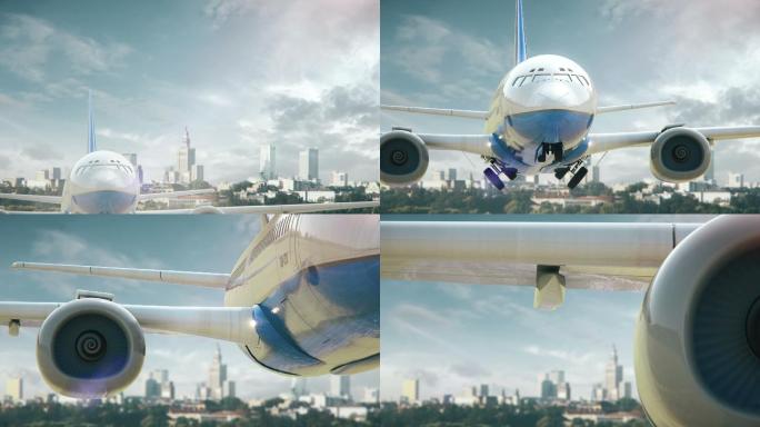 飞机从城市起飞的真实3d渲染