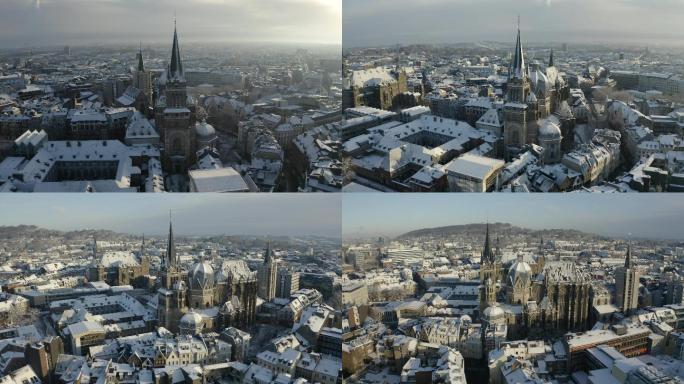 德国亚琛德国亚琛城市风光教堂建筑冬天雪景