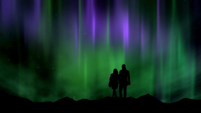 一对夫妇观看北极光和流星的剪影