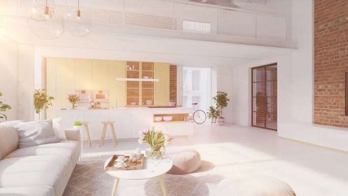 一个新的现代城市阁楼公寓的3D插图。