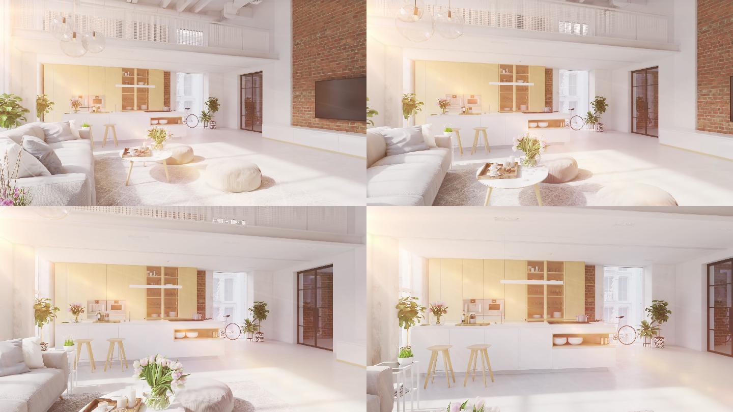 一个新的现代城市阁楼公寓的3D插图。