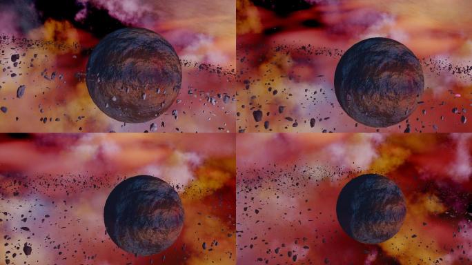 外层空间燃烧的星系中红色岩石行星的动画。