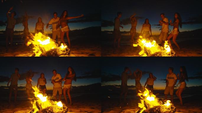 日落时分，朋友们在海滩上的篝火旁玩耍