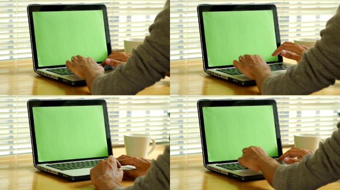 男子在绿幕笔记本电脑上打字