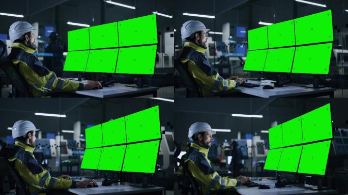 男性操作员使用带有多个绿色屏幕的计算机