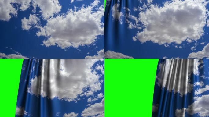 蓝天上的白云幕在绿色的屏幕上拉开