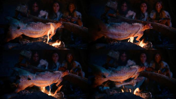 尼安德特人在篝火上烹饪动物肉