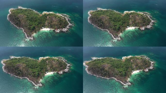 热带海洋中心形岛屿的鸟瞰图。