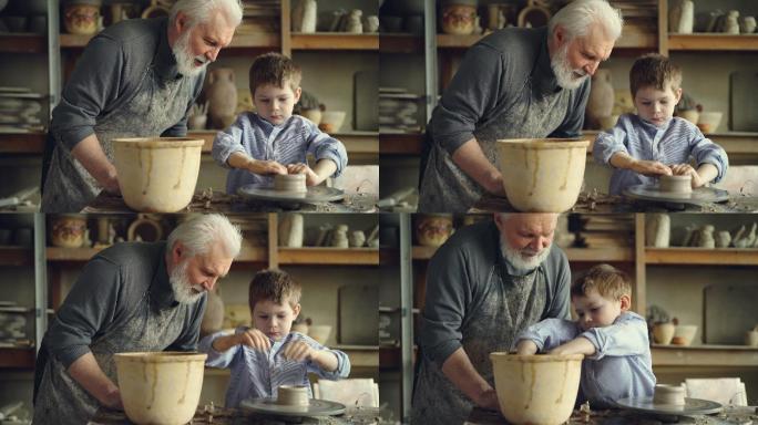 小男孩正在把粘土塑成陶罐