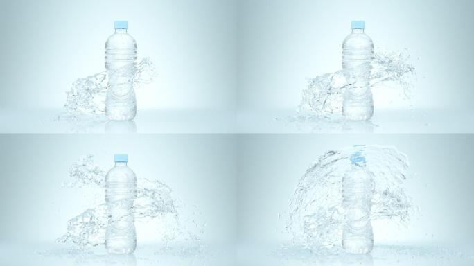 纯水流入白色背景上的饮水瓶，溅起水花。