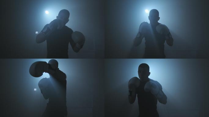 运动员拳击镜头。健身房运动慢动作拳击散打