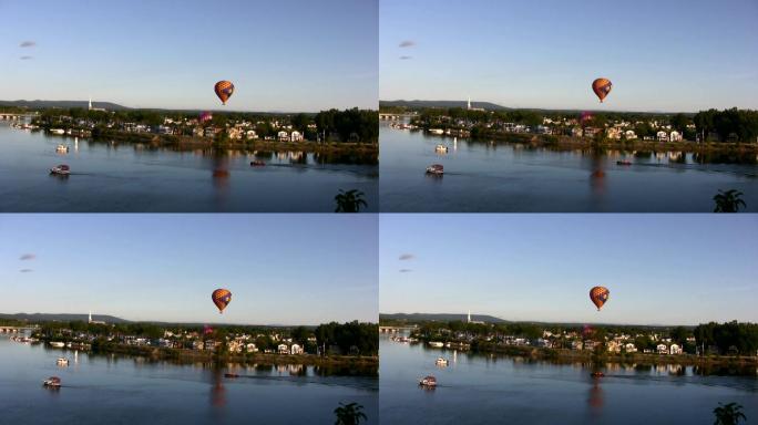 热气球国外船只沿河