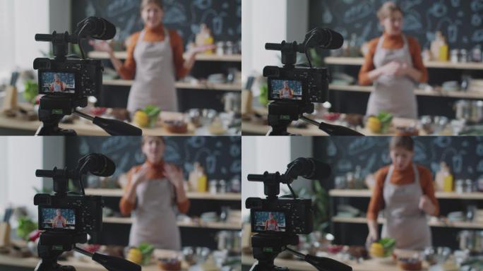 摄像机记录了厨房里的女性美食博主