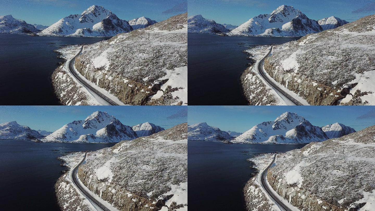 俯瞰欧洲挪威罗弗敦岛冬季的道路