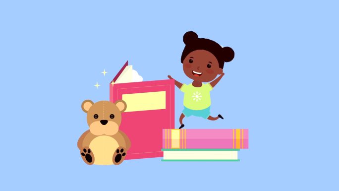 有书和玩具的小女孩动画