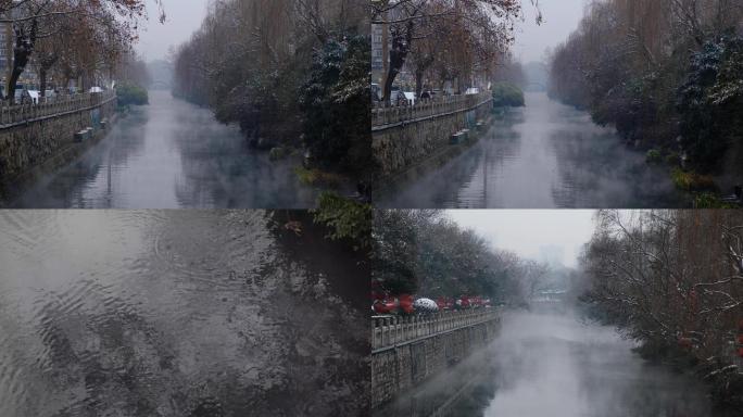 4k济南冬日烟雨朦胧雪景护城河