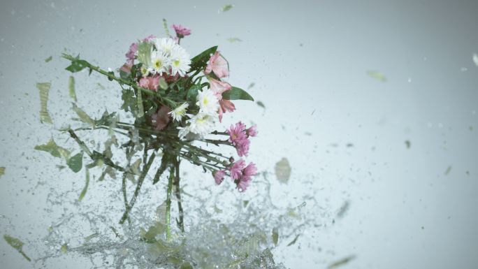 花瓶上的鲜花以超慢的速度碎裂