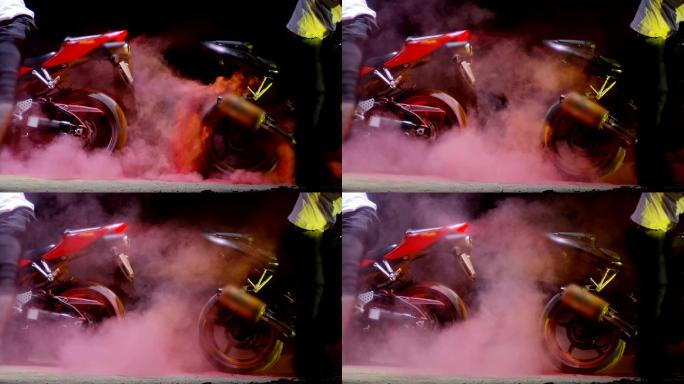 超级运动摩托车摩托车烧胎轮胎转动慢镜头机