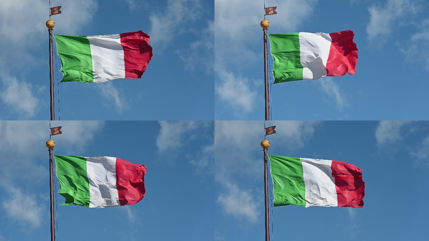 意大利国旗在帕尔马诺瓦的大广场上飘扬