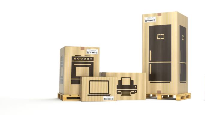 家用厨房电器和家用电子产品装在纸板箱里