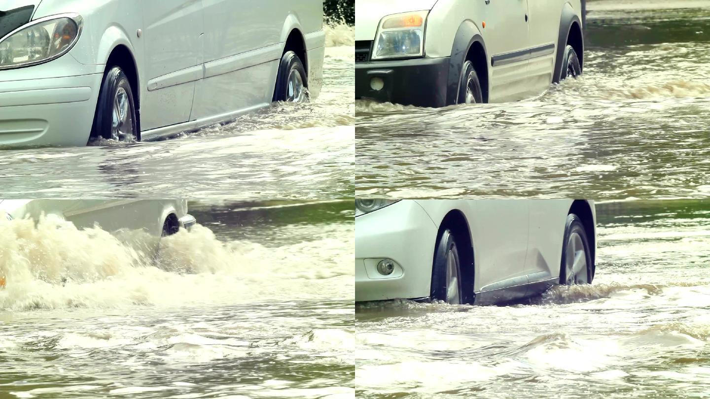 大雨过后，道路被淹，汽车在深水中缓慢行驶