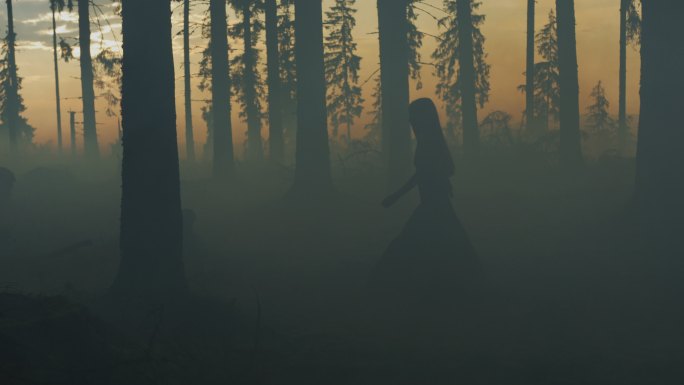 森林中散步的女人黎明身影背影