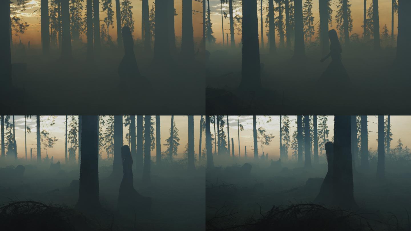 森林中散步的女人黎明身影背影