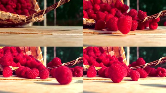 浆果倒在木桌上红色果子新鲜水果绿色有机