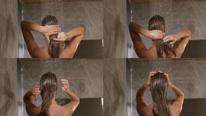 女子在酒店洗澡洗头发热水