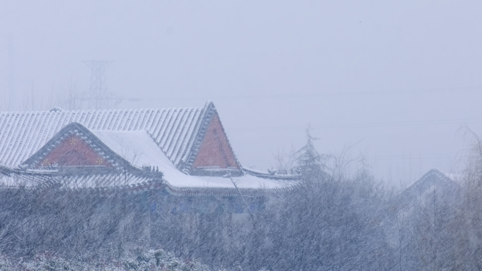 冬天下雪中式建筑上雪花飘唯美短片