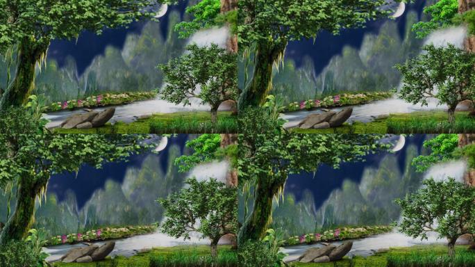 戏曲山水景野外河流瀑布粤剧背景弯月夜晚