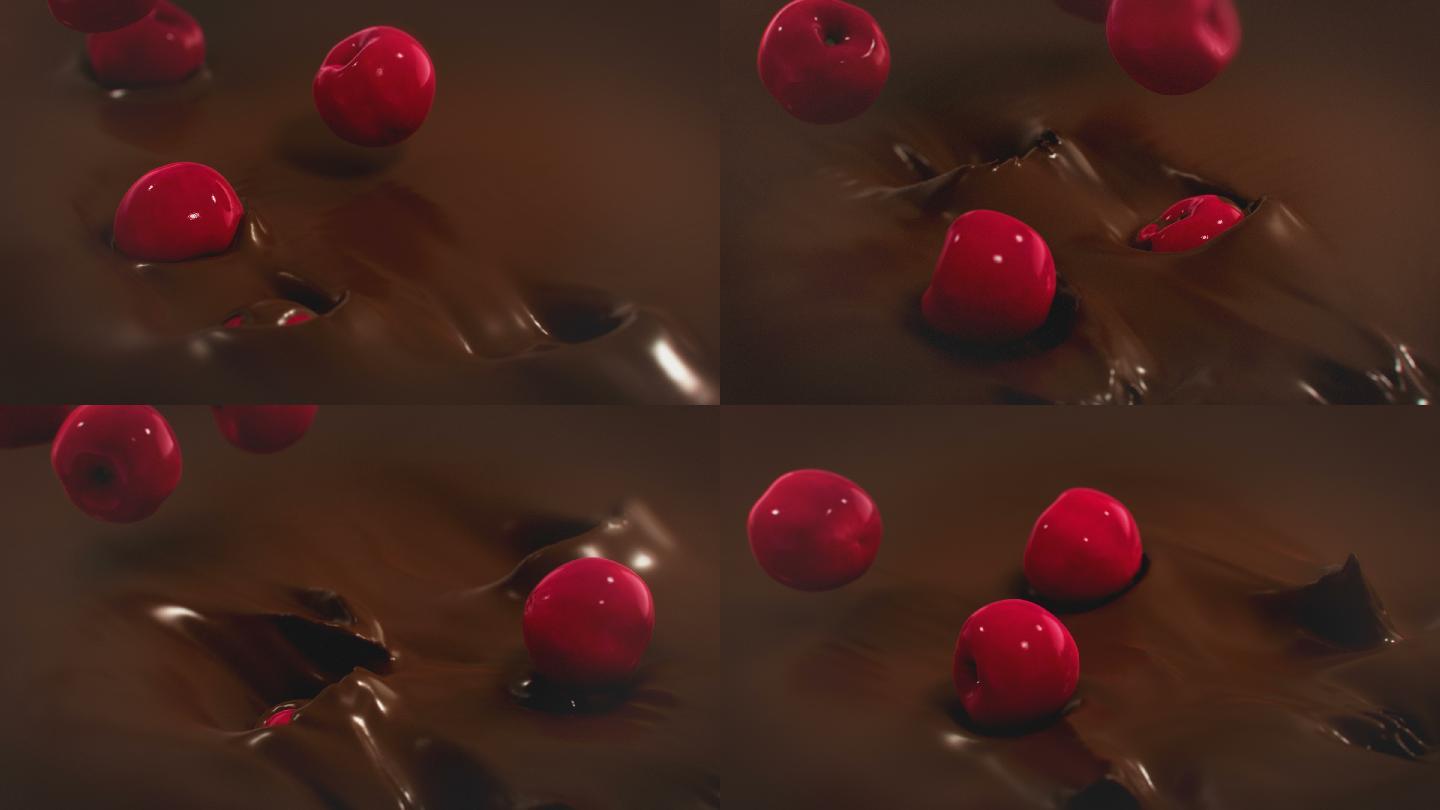 樱桃落入液体巧克力中