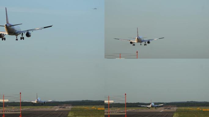 接近机场的双引擎喷气式飞机特写镜头。