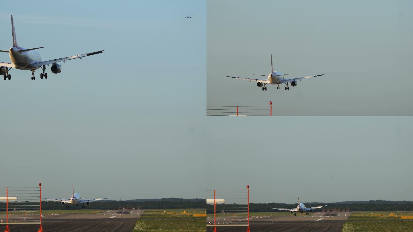 接近机场的双引擎喷气式飞机特写镜头。