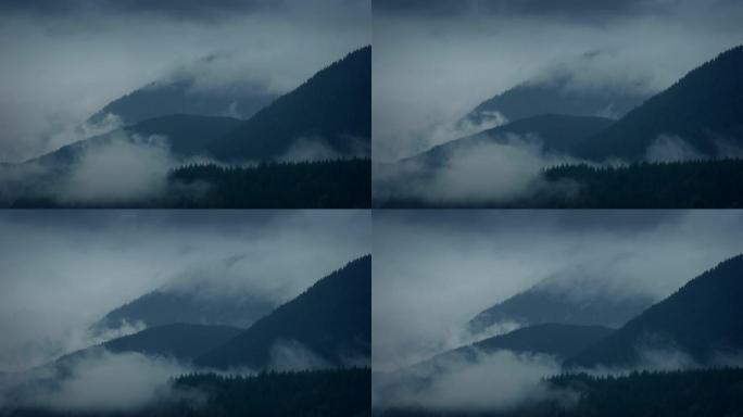 雾气在森林山脉上空盘旋