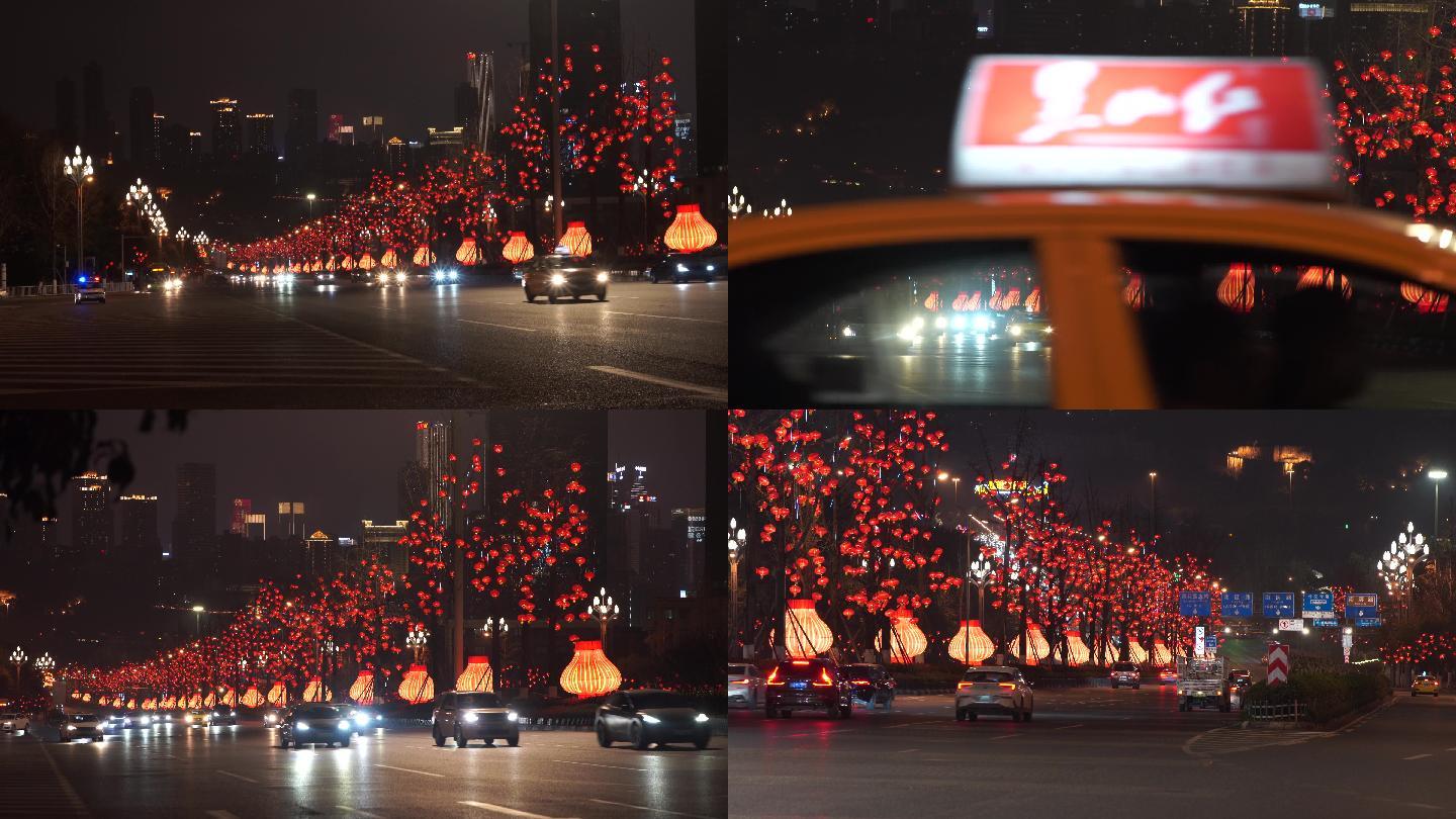 城市夜晚春节红灯笼挂满街头