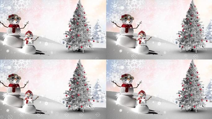 降雪覆盖圣诞树和雪人的动画